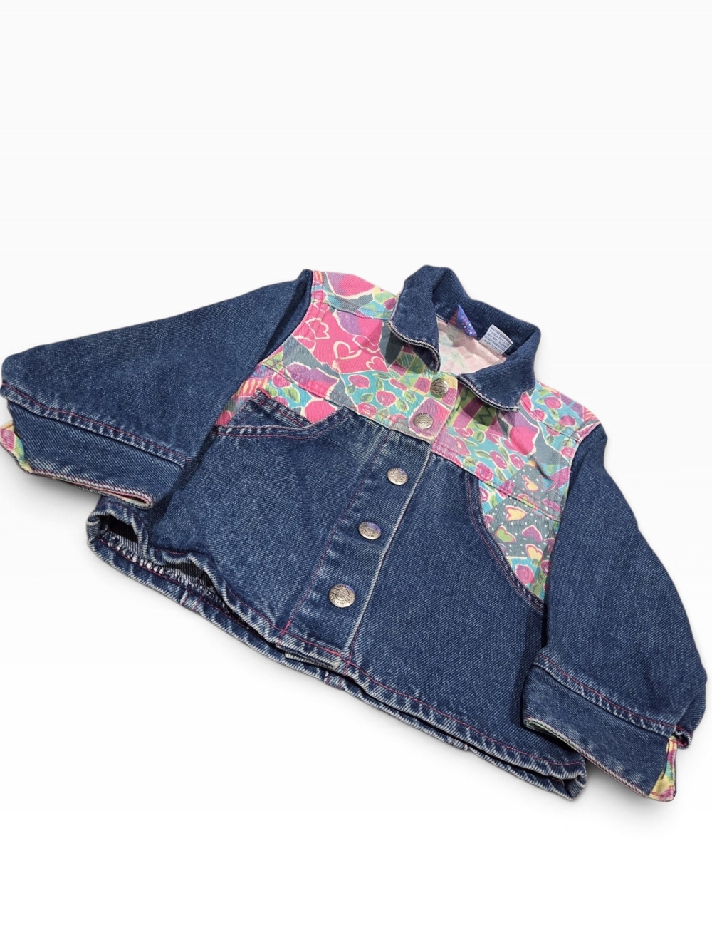 Vintage 1970s 1980s Sasson Dark Blue Denim Jacket with Pink Floral Yoke Size 3T